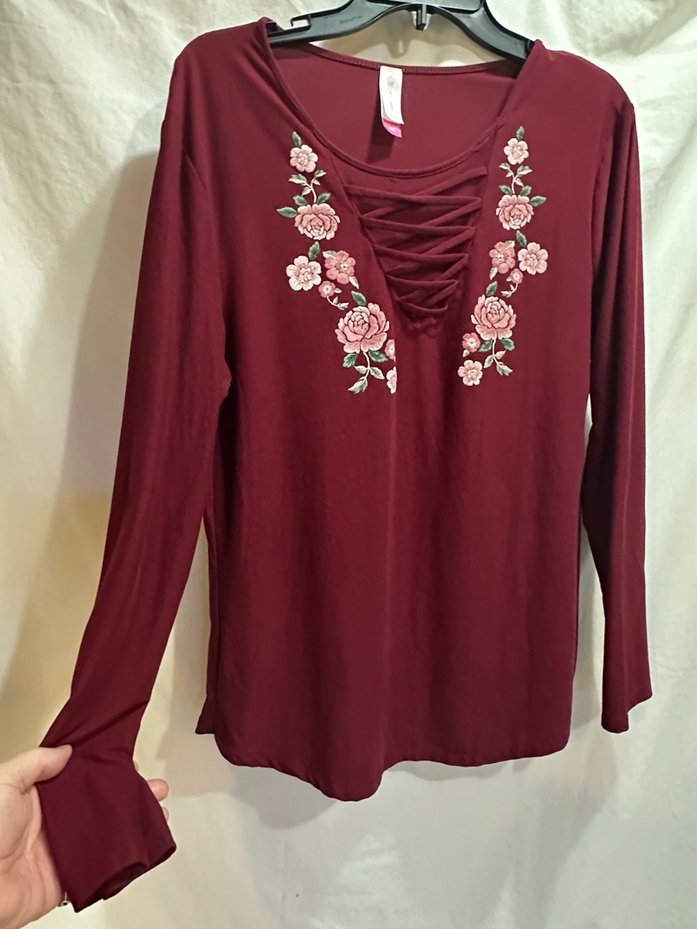 No Boundaries Burgundy Long Sleeve Lace-Up Top with Pink Floral Embroidery